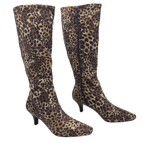 IMPO Stretch Namora Knee High Boots Cheetah Leopard Print Kitten Heel Zipper 10M